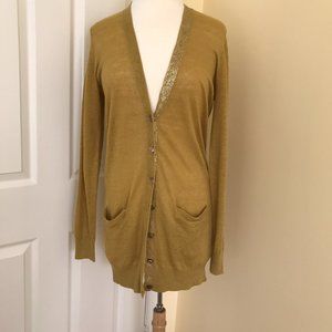 Ann Taylor Mustard Gold-Trim V-Neck Cardigan